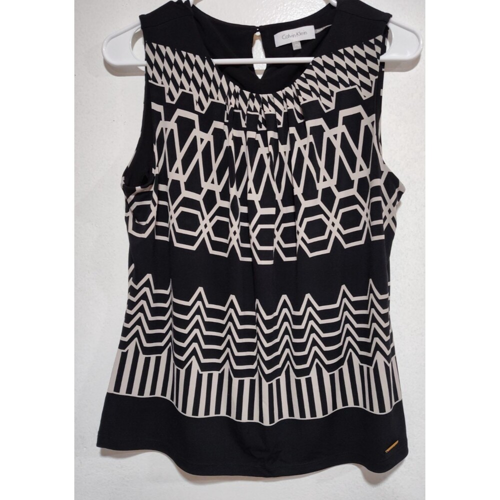 Calvin Klein Women Black/Cream Geometric Sleeveless Pleated Blouse Size PL